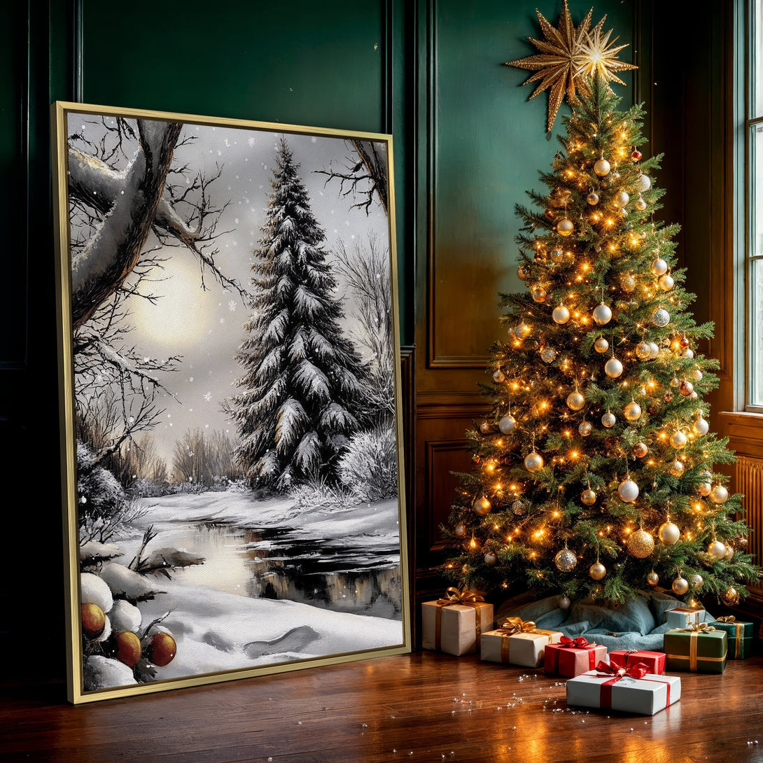 Canvas Print of a winter landscape painting in neutral tones. Snowy scene with trees and a river, perfect for cozy home decor.