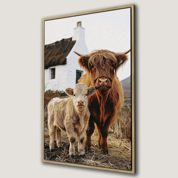 Framed Wall Art featuring a Highland cow and calf. Rustic style with warm brown and beige tones. Perfect for farmhouse decor.