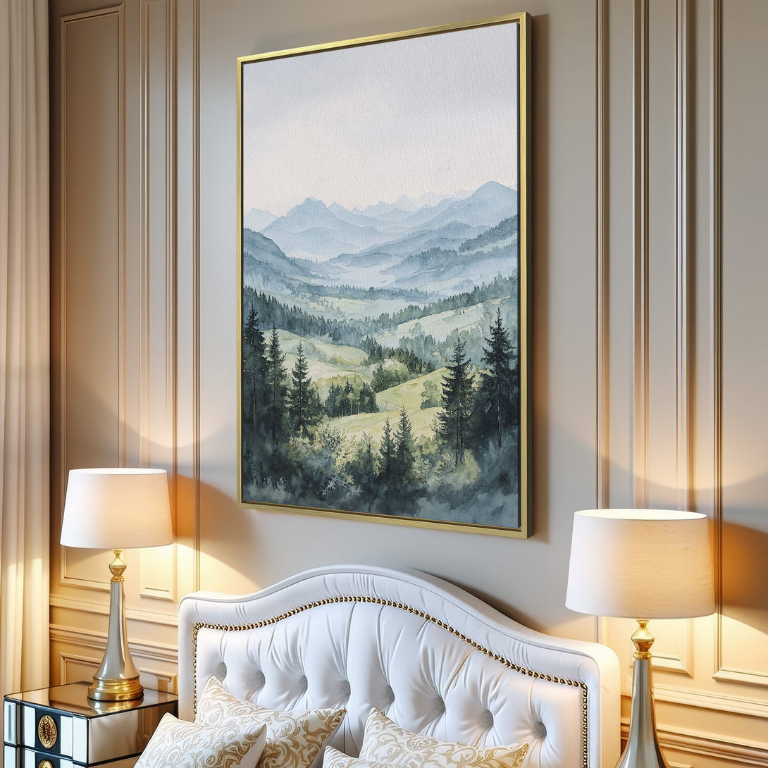 Canvas Print of a serene watercolor landscape painting in cool blue and green tones. Perfect wall art for a calming interior.