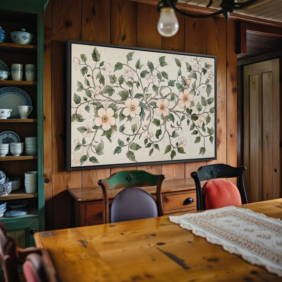 Framed Wall Art featuring a floral botanical design in soft pinks and greens, perfect for adding a touch of nature to your home.