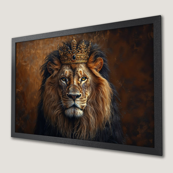 Framed Poster of a regal lion wearing a crown. Warm brown tones and a majestic style. Add a touch of royalty to your space!