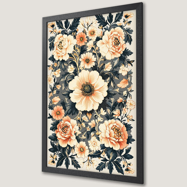 Framed Poster featuring a floral design with peach and navy tones. Beautiful botanical art print, perfect for home decor.