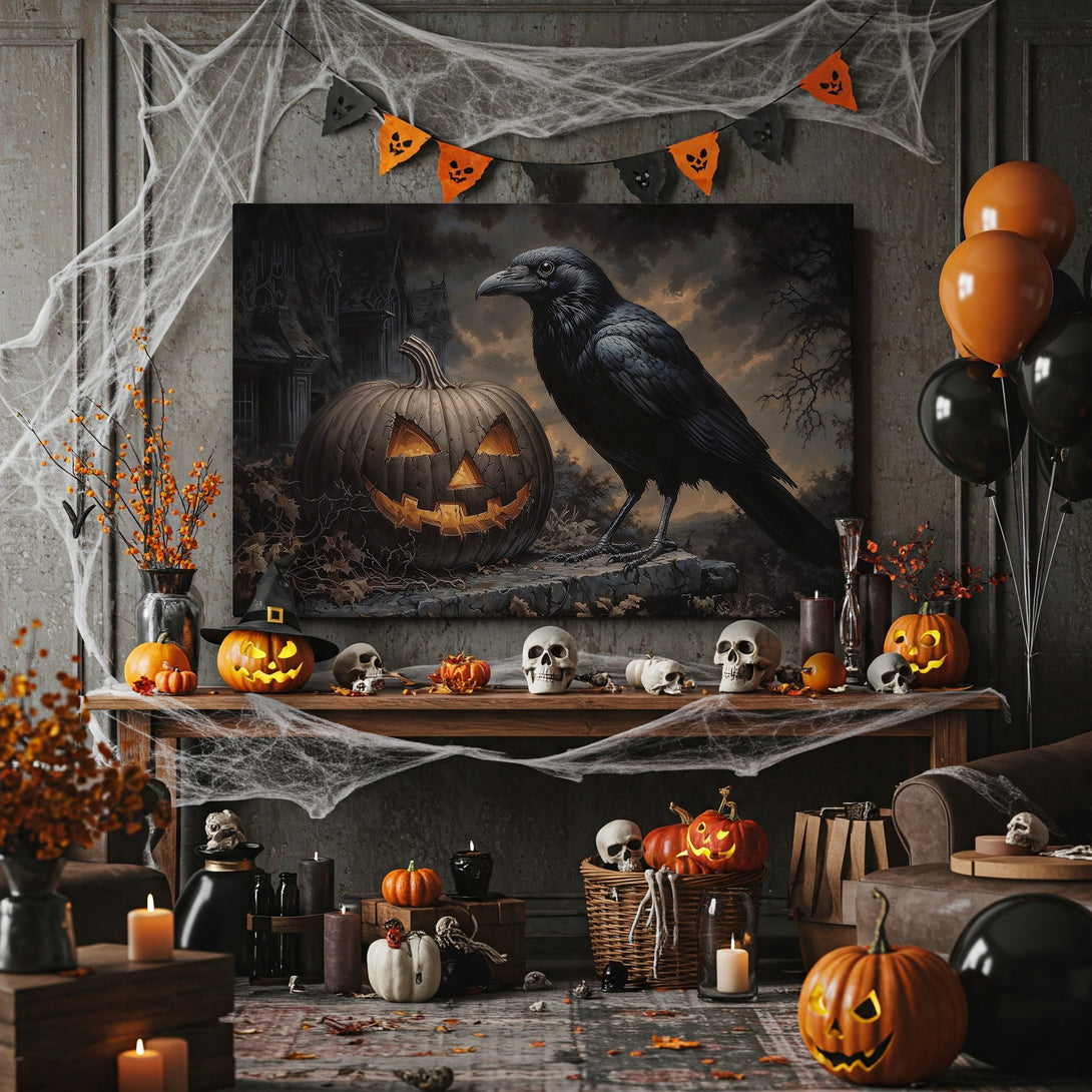 Framed Wall Art: Spooky Halloween scene with raven & pumpkin. Dark, moody color palette. Perfect for fall decor.