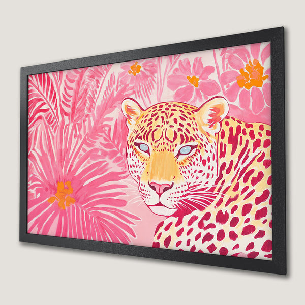 Framed Poster: Vibrant leopard art print in pink & orange, perfect for adding a pop of color to your home decor.
