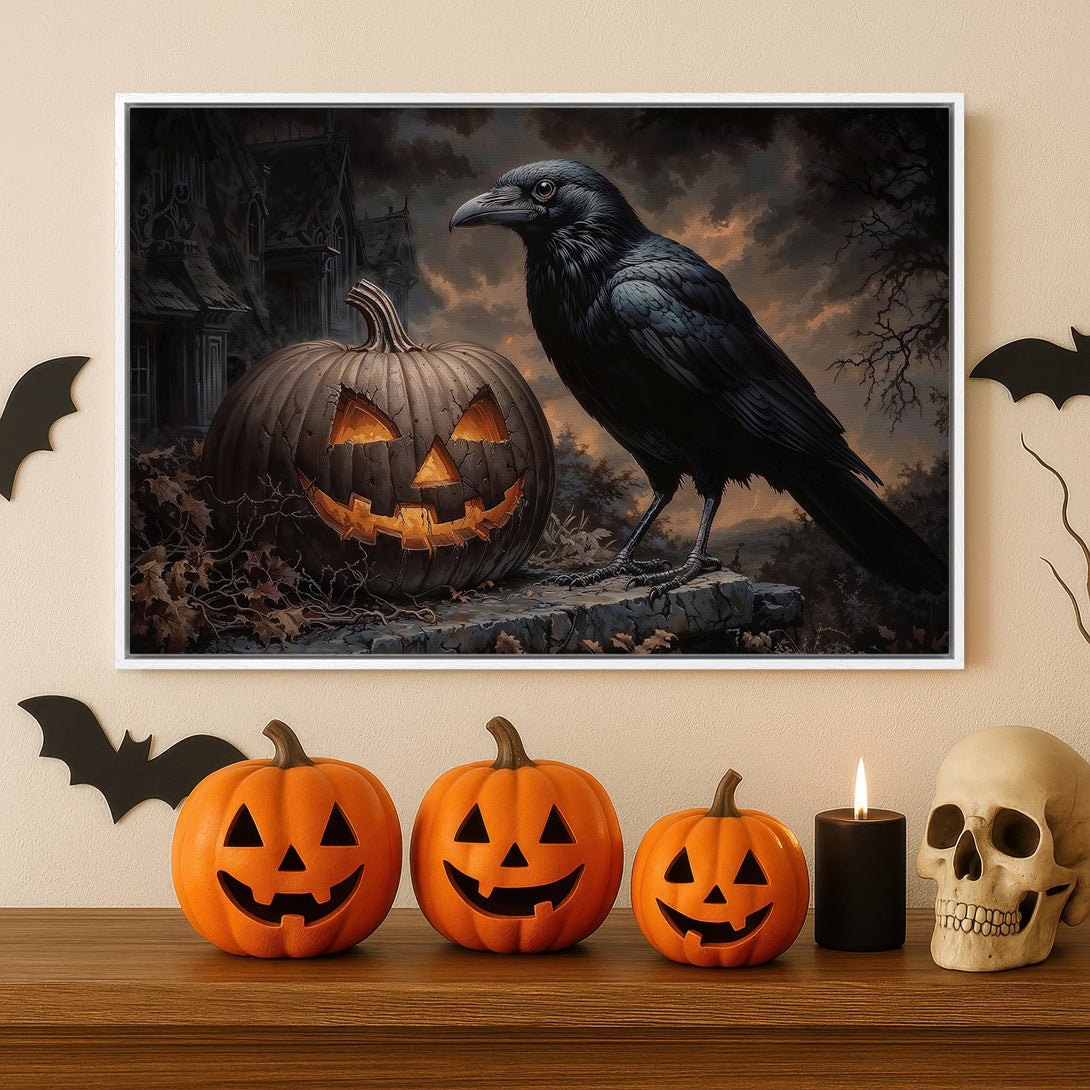 Framed Wall Art: Spooky Halloween scene with raven and pumpkin. Dramatic, dark color palette. Perfect for adding a touch of gothic art to your home.