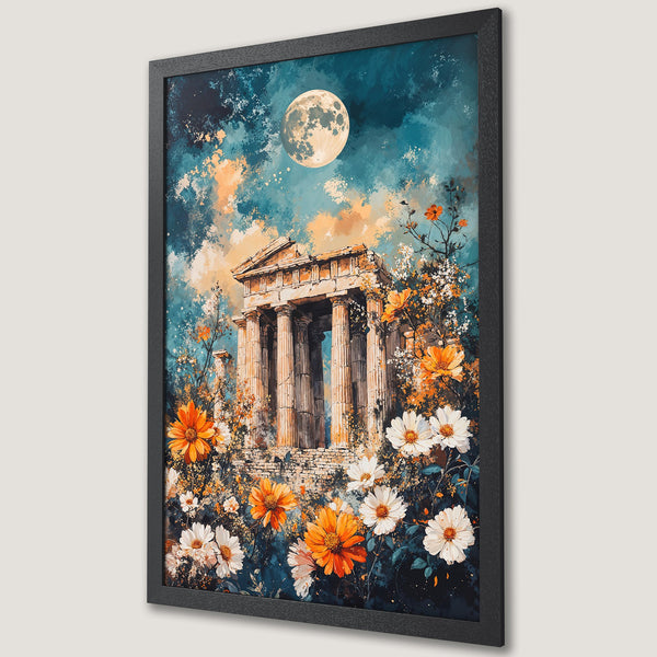 Framed Poster featuring a Greek temple with flowers, in a painterly style with a blue, orange, and white color palette.