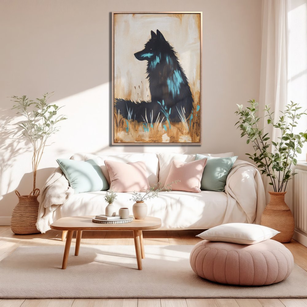 Framed Wall Art: Black wolf painting with teal accents, neutral palette. Modern canvas print adds style to living room decor.