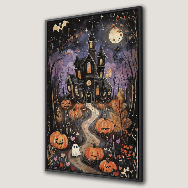 Framed Wall Art: Spooky Halloween canvas print featuring a haunted house, pumpkins, and a ghost in a watercolor style with a dark, autumnal color palette.