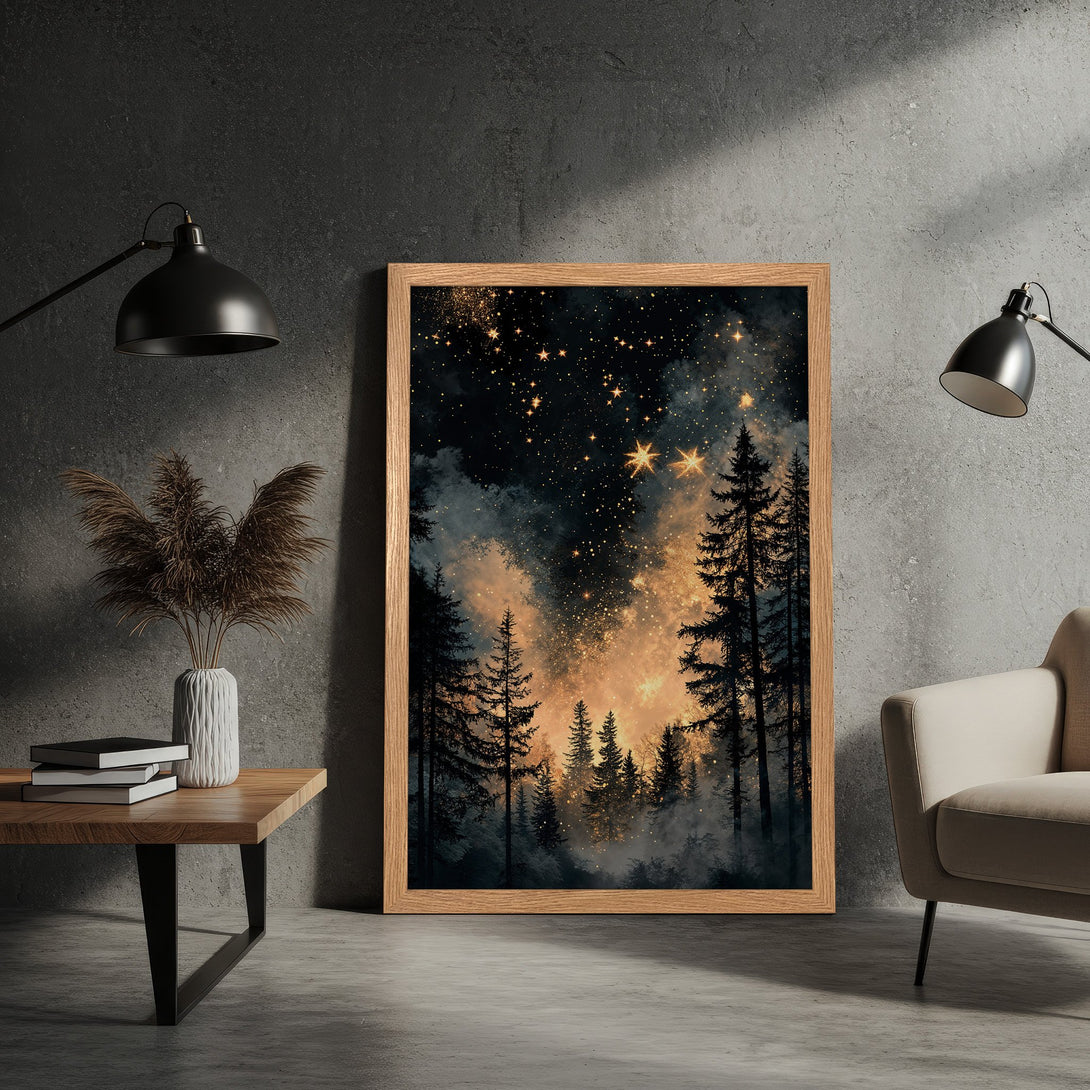 Framed Poster featuring a starry night forest scene. Dark, moody style with a warm, golden and black color palette. Perfect wall art decor.
