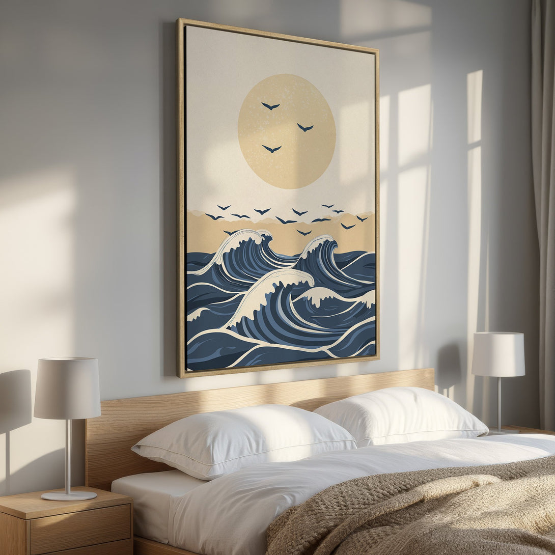 Framed Wall Art featuring a serene ocean wave design in a minimalist style with a calming blue and beige color palette. Perfect for bedroom decor!