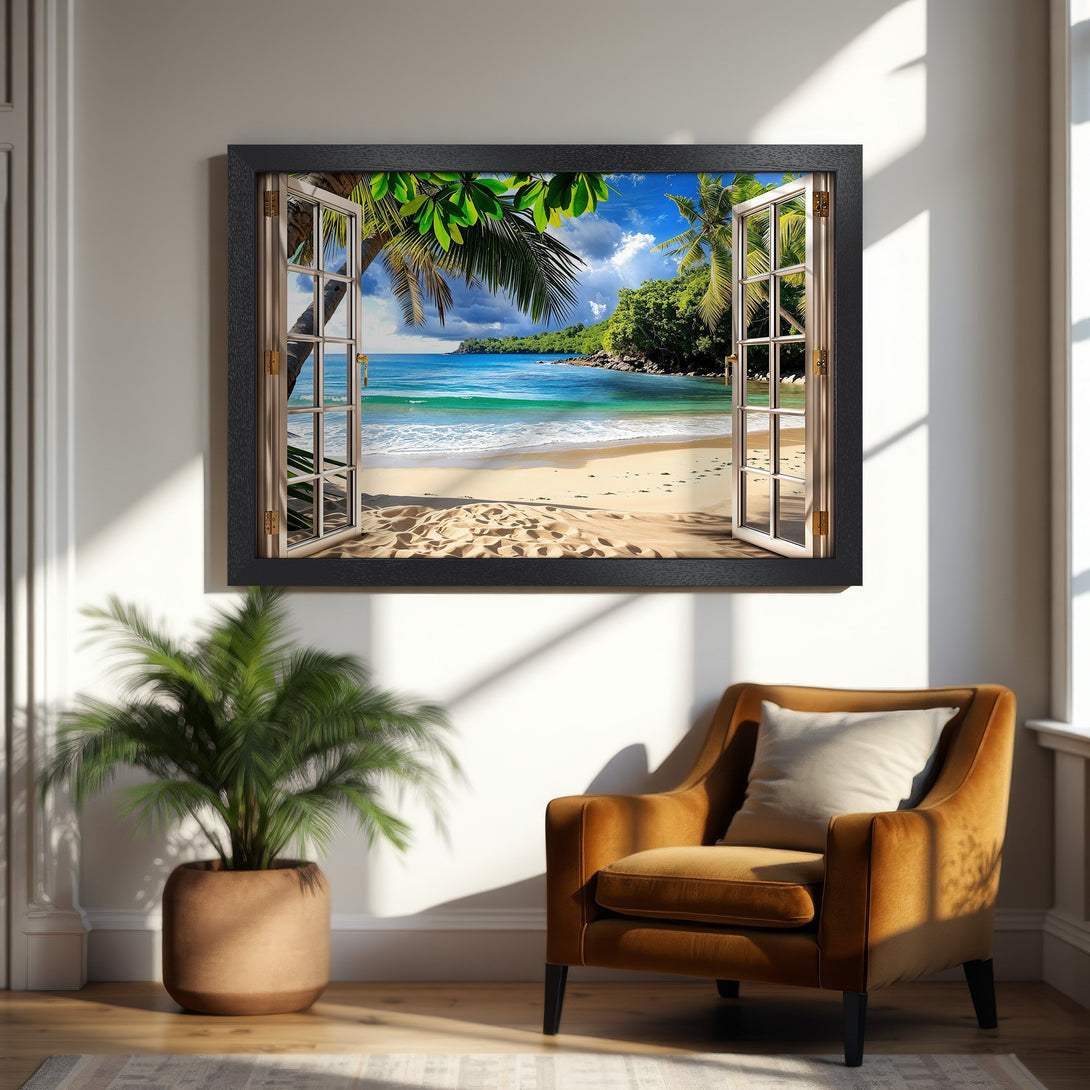 Framed Poster of a tropical beach scene. Coastal style with blue, green, and beige tones. Bring paradise home!