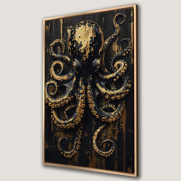 Framed Wall Art: Stunning black & gold octopus canvas print. Modern, artistic style with a luxurious color palette. Perfect statement piece for your home decor.
