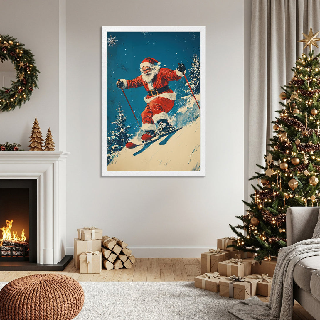 Framed Poster featuring Santa skiing, vintage style, with red, blue, and white color palette. Perfect Christmas decor!