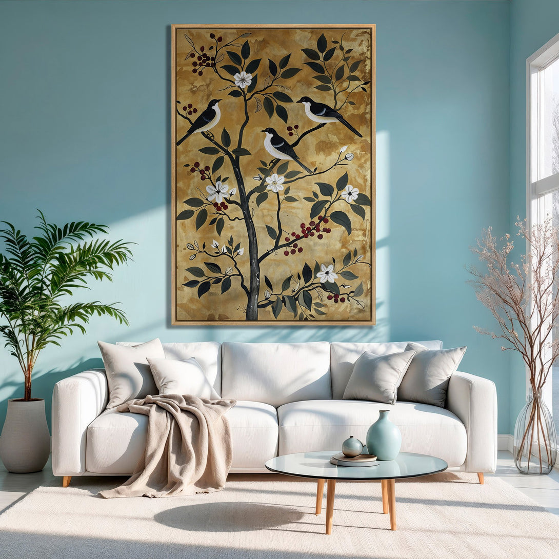 Framed Wall Art: Bird and floral design in a neutral palette. Modern canvas print adds a touch of nature to any living room.
