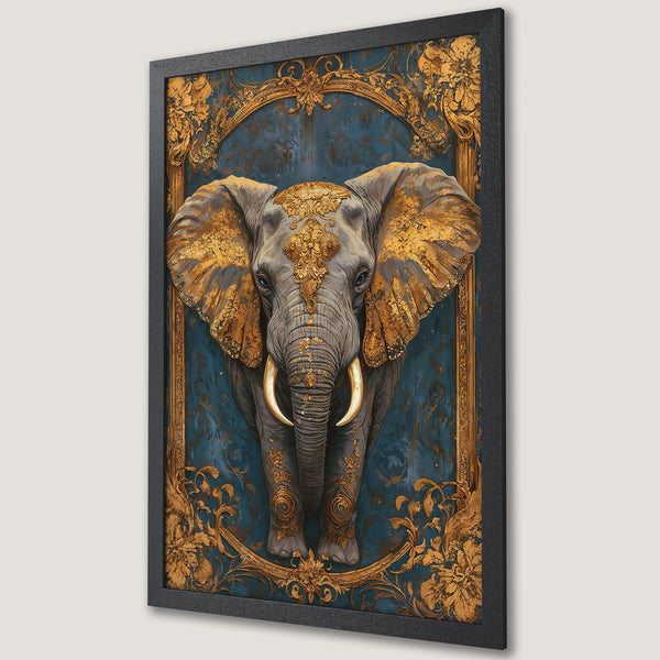 Framed Poster featuring an ornate elephant in gold & teal. Regal wall art, perfect for adding a touch of luxury to your home decor.