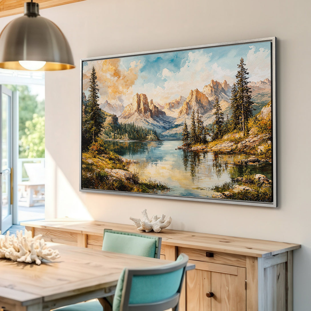 Framed Wall Art: Stunning mountain landscape Canvas Print in warm tones. Bring the beauty of nature to your home with this elegant artwork.