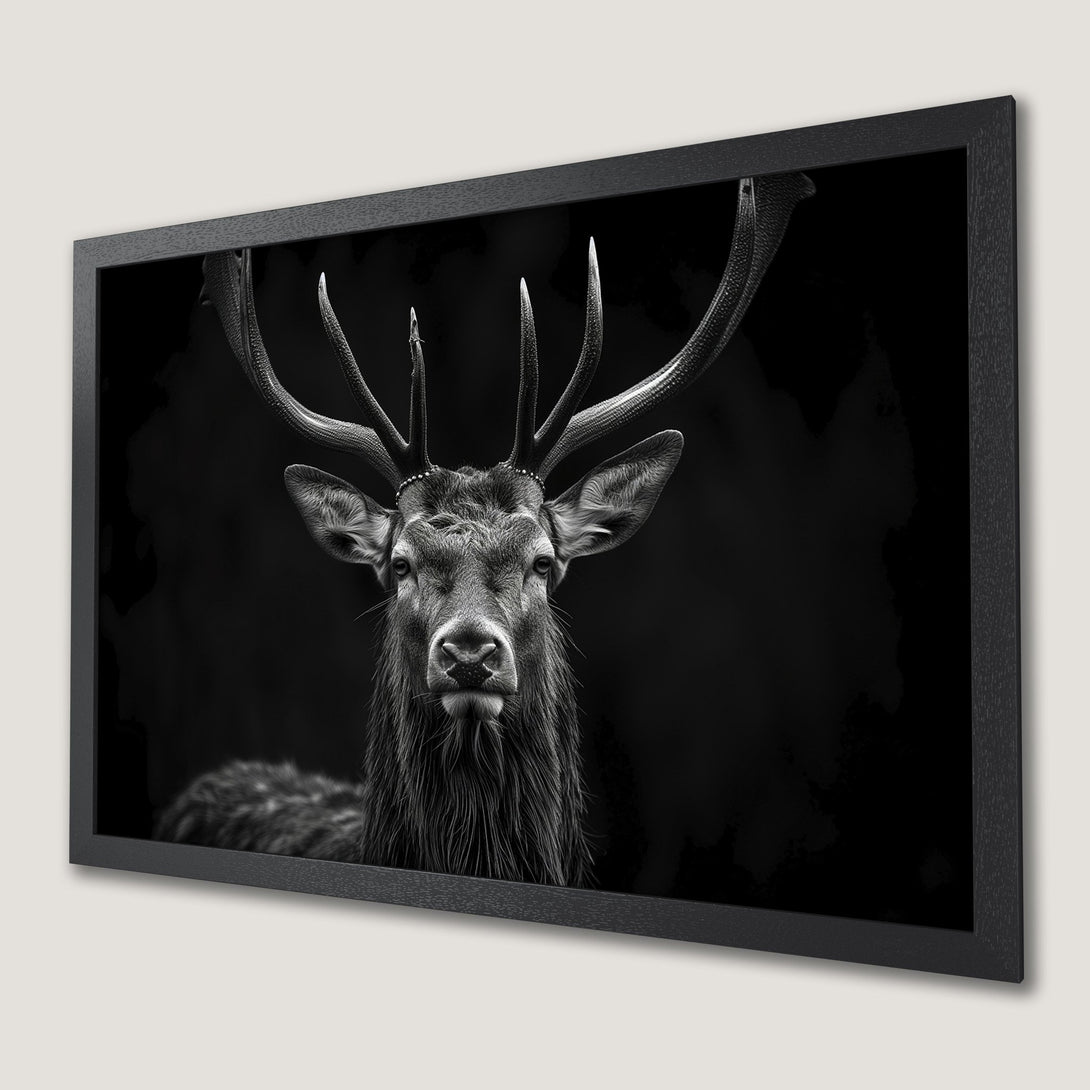 Framed Poster featuring a majestic stag in a dramatic black and white style. Perfect wall art for a modern home.