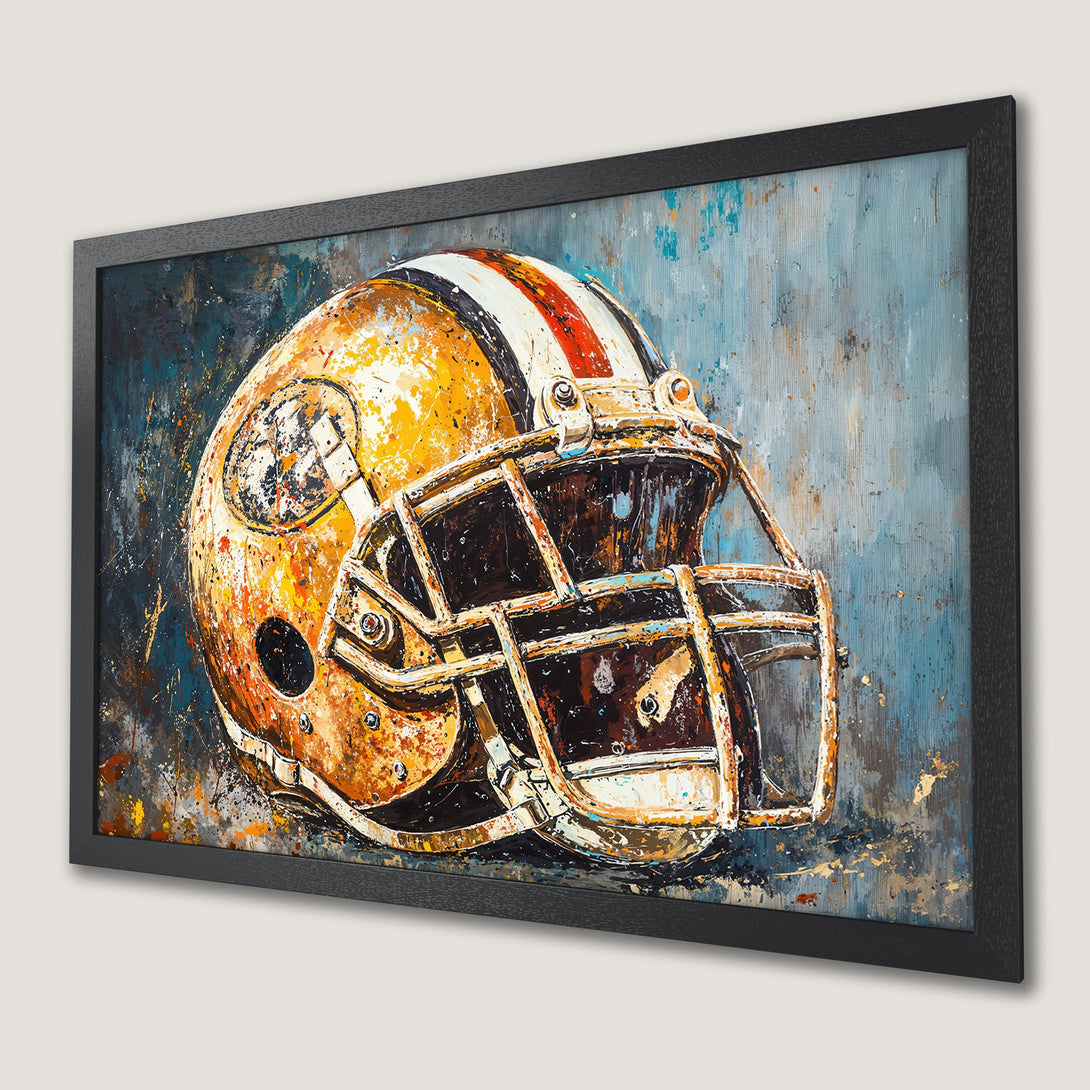 Framed Poster of a football helmet, abstract art style with yellow, blue, and orange color palette. Perfect wall decor!