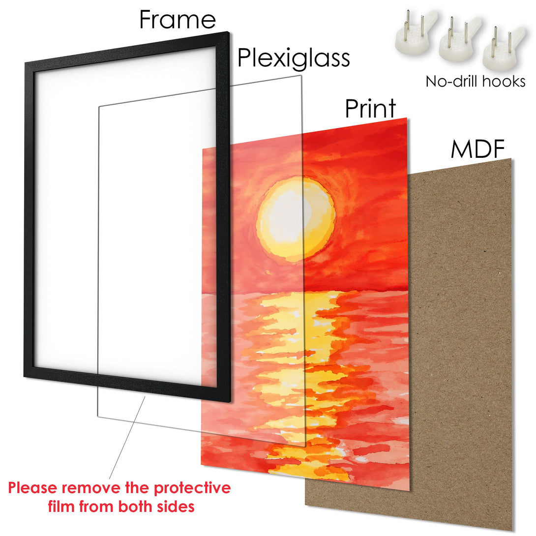 Framed Poster of sunset art in a watercolor style, vibrant red and yellow color palette. Ready to hang!