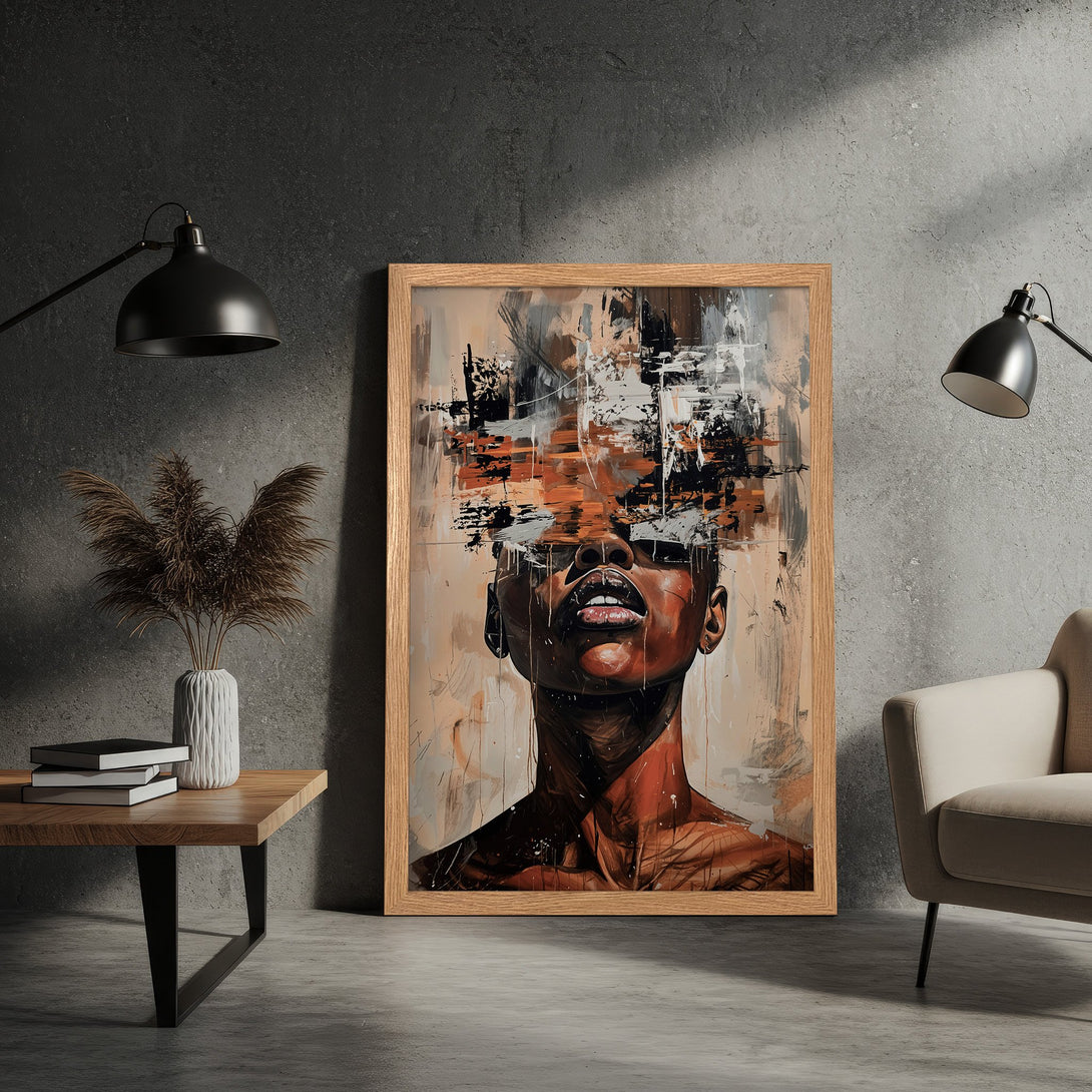 Framed Poster featuring abstract portrait art in neutral tones. Modern wall decor for your home.