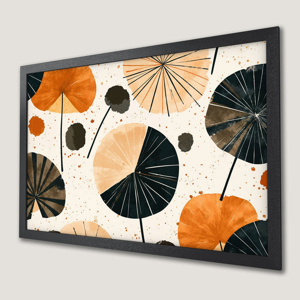 Framed Poster featuring abstract watercolor art with orange, black, and beige floral shapes. Modern wall decor for any space.