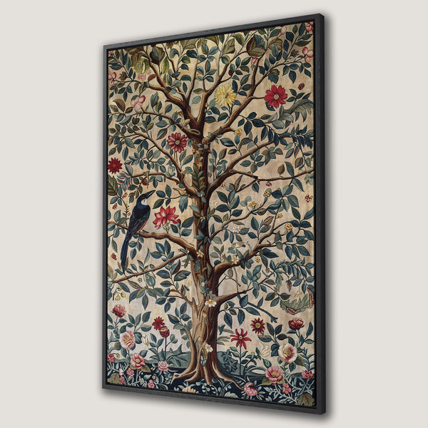 Framed Wall Art featuring a detailed floral tree design with a bird. Earthy tones of beige, green, and red create a vintage, botanical aesthetic. Perfect for home decor.