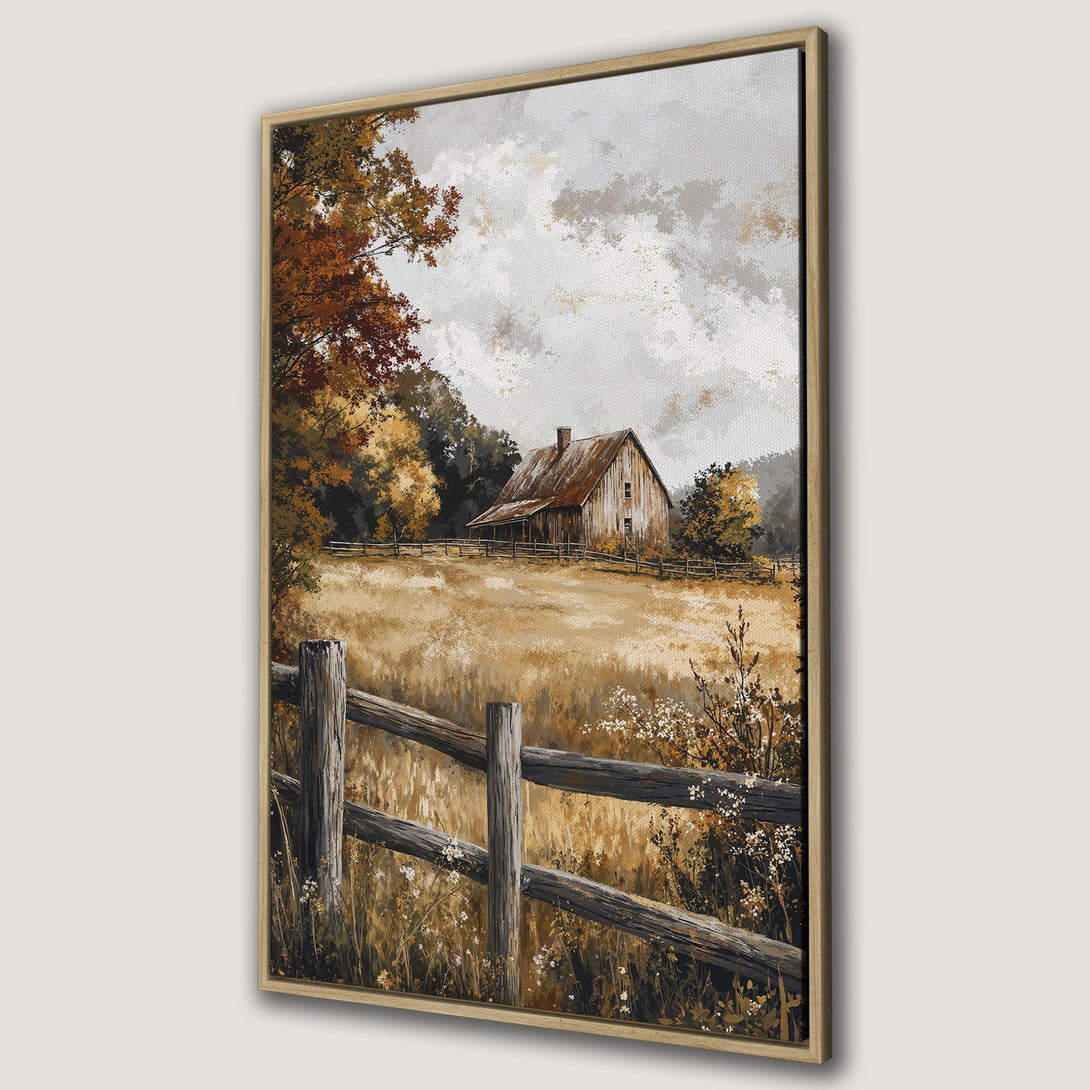 Framed Wall Art: Rustic barn scene Canvas Print in warm earth tones. Perfect farmhouse decor with a vintage landscape painting style.