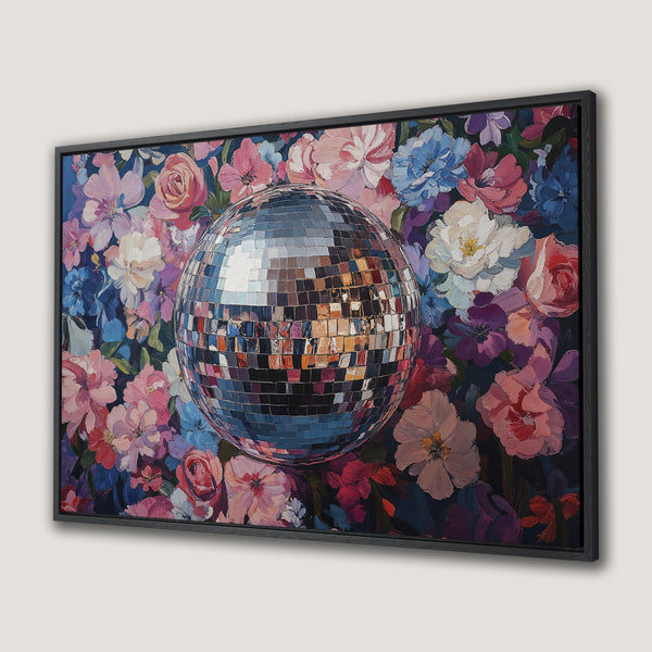 Framed Wall Art: Floral disco ball painting with a vibrant pink, blue, and purple color palette. Perfect for adding a pop of color to any room!