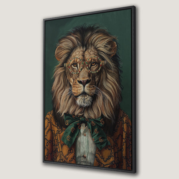 Framed Wall Art: Dapper lion portrait in a stylish, vintage-inspired design. Features a warm color palette with green and gold accents. Perfect for adding personality!