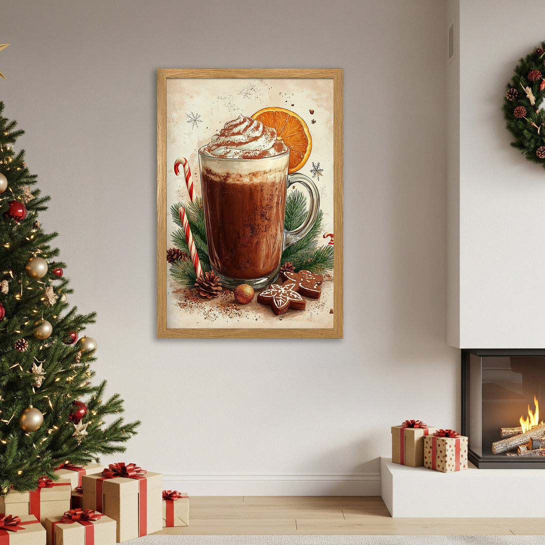 Framed Poster featuring a cozy Christmas scene with hot chocolate, warm colors, and festive style. Perfect holiday decor!