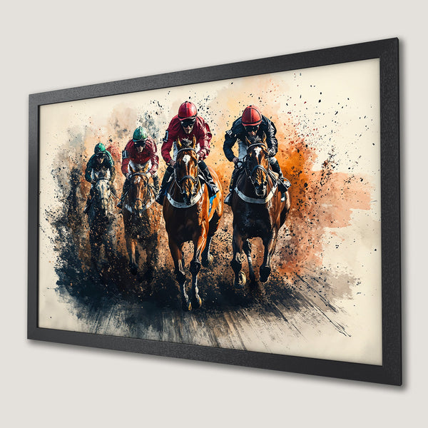 Framed Poster of horse race in watercolor style, featuring jockeys in red, green, and black, with a warm color palette.