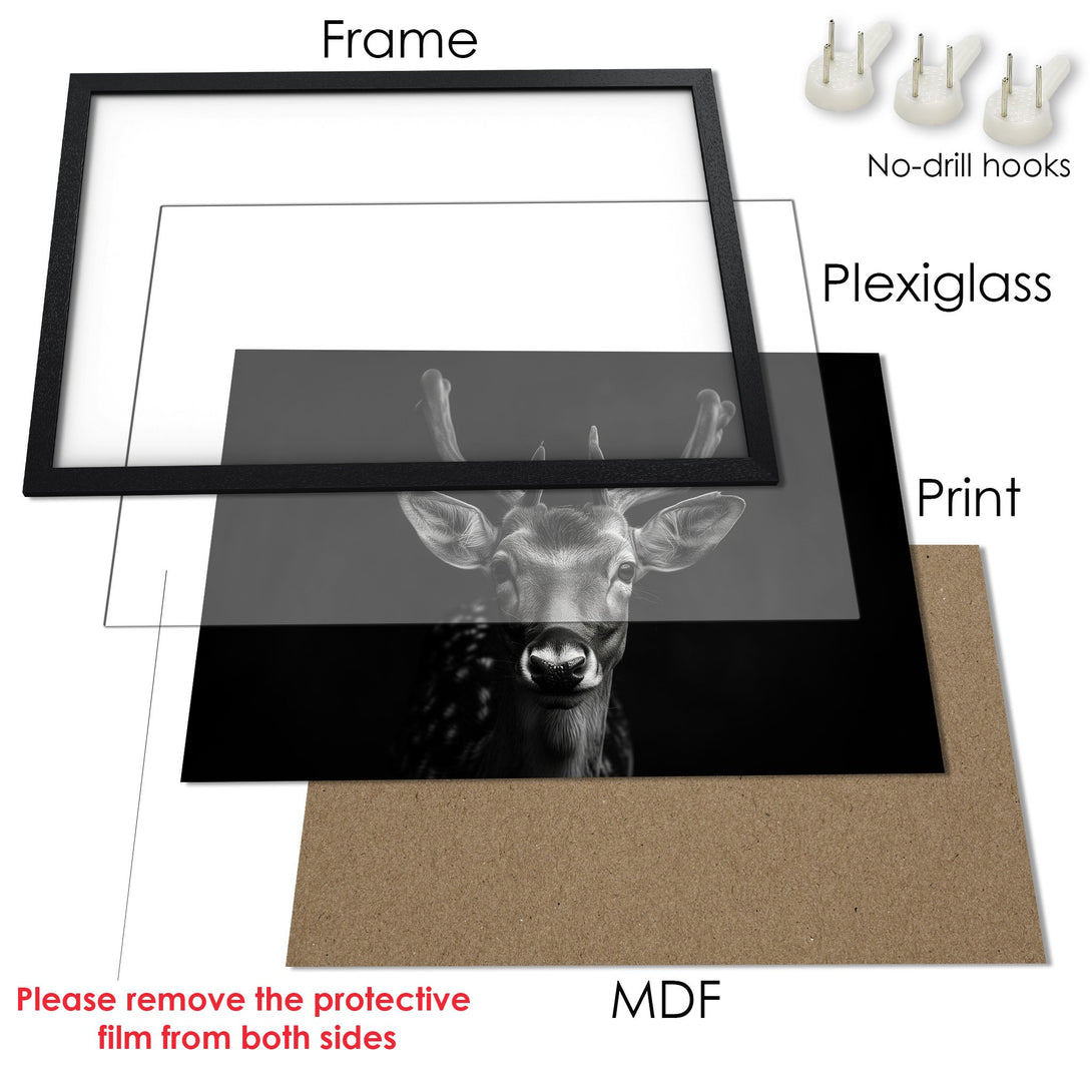 Framed Poster: Deer portrait in monochrome, perfect for modern decor. Enhance your space with this stylish Poster!