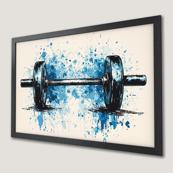 Framed Poster featuring a barbell in a splash art style with blue and cream color palette. Perfect gym decor!