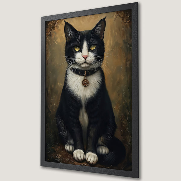 Framed Poster of a regal tuxedo cat, painted in a classic style with a warm, earthy color palette. Perfect cat art for your home!