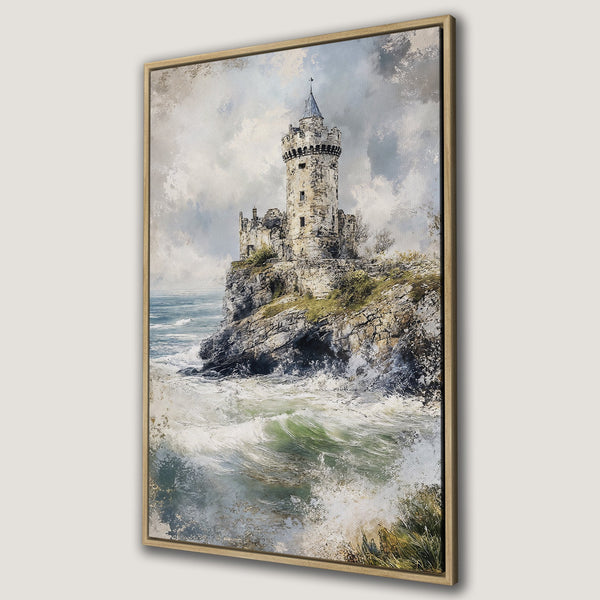 Framed Wall Art: Coastal castle painting in muted blues, greens, and grays. Romantic, vintage style Canvas Print for a touch of elegance.