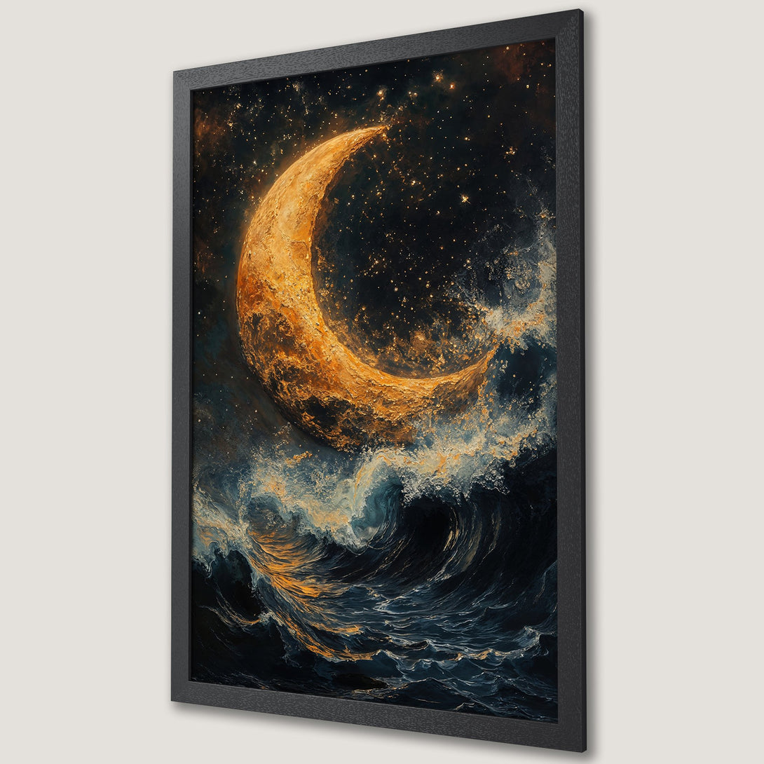 Framed Poster featuring a celestial moon over turbulent ocean waves. Dark, moody art with gold and blue color palette. Add this stunning poster to your space!