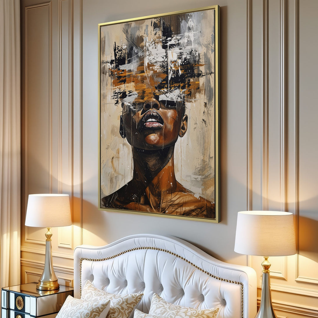 Abstract Canvas Print of a woman's face, featuring neutral tones with black and gold accents. Modern wall art for home decor.