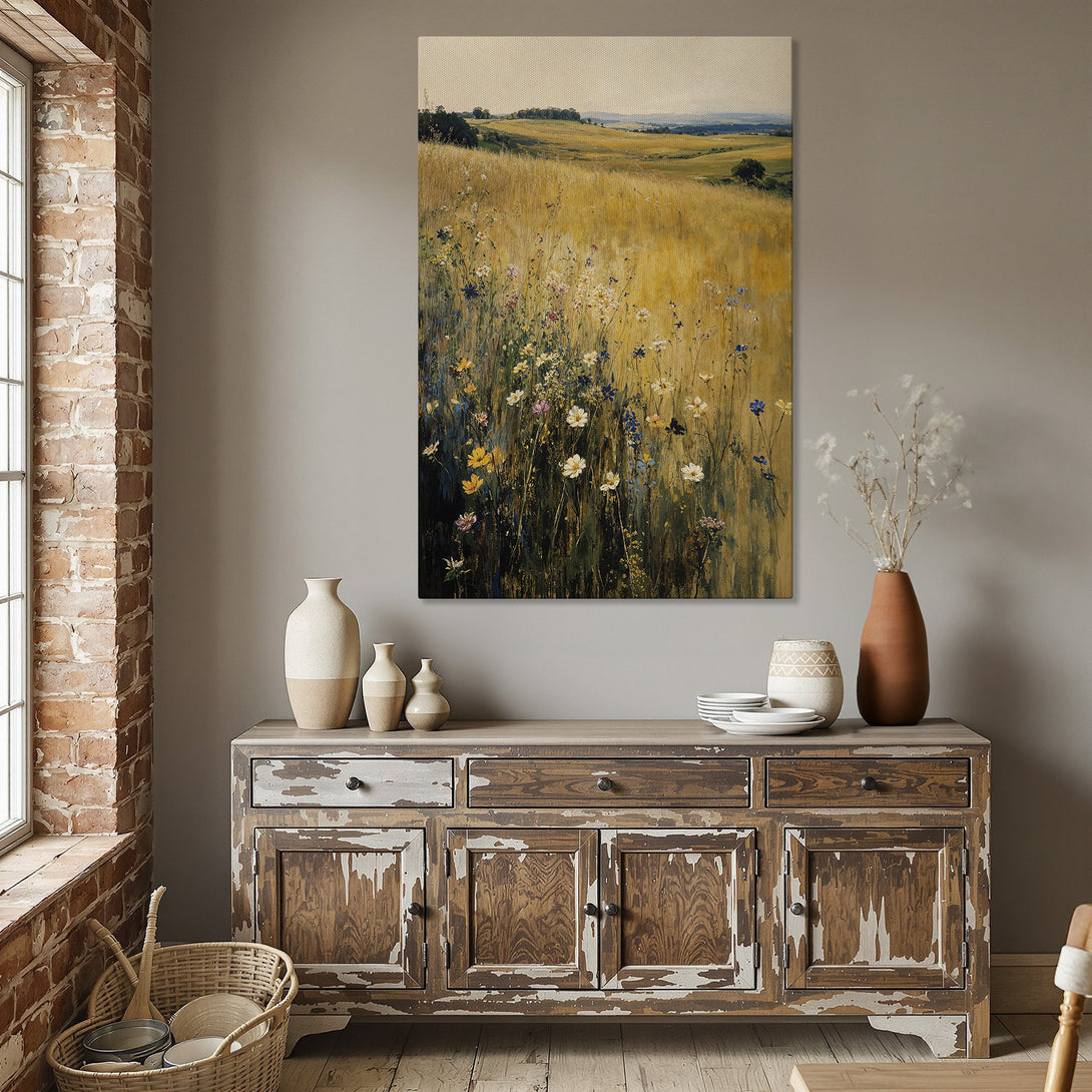 Framed Wall Art: Landscape painting of a field with wildflowers in warm yellow and green tones, displayed in a dining room setting. Perfect home decor!