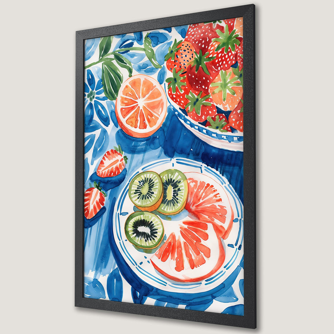 Framed Poster featuring a watercolor still life of fruit. Vibrant red, orange, green, and blue color palette. Perfect kitchen or dining room decor!