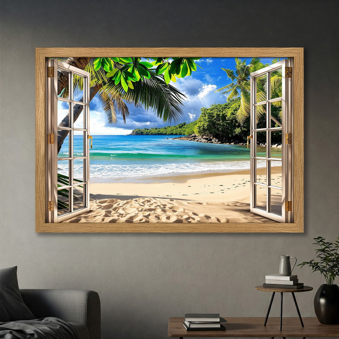 Framed Poster of a tropical beach scene with blue ocean, green foliage, and a bright color palette. Bring the beach to your home!