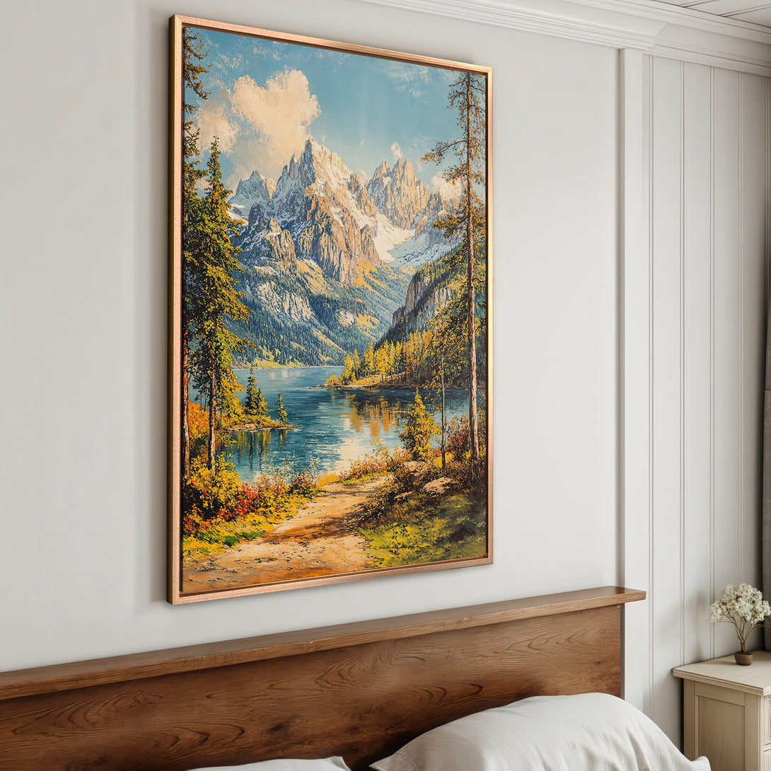 Framed Wall Art: Mountain landscape Canvas Print in warm tones. Perfect for adding a touch of nature and serenity to your home decor.