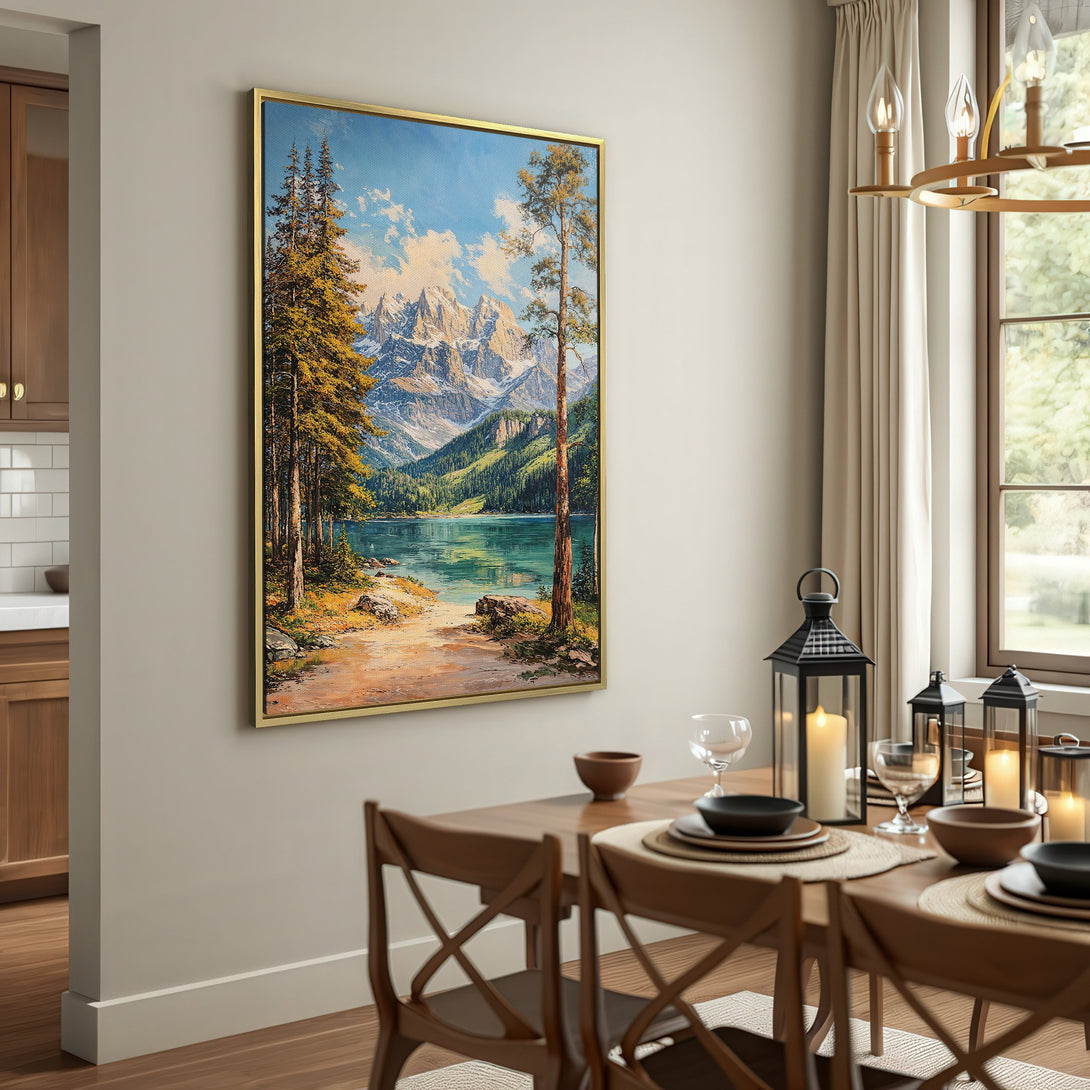 Canvas Print of a serene mountain lake landscape in a classic style, featuring a blue, green, and brown color palette.
