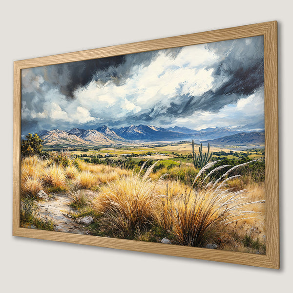 Framed Poster of a landscape painting. Features mountains, fields, and dramatic skies. Warm earth tones with cool blues and whites.