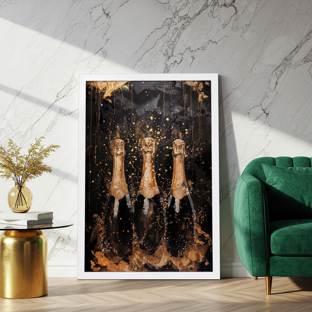 Framed Poster featuring champagne bottles, abstract style, with a black, gold, and bronze color palette. Elevate your space!
