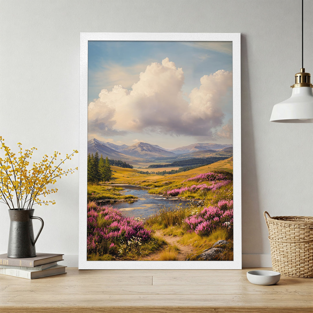 Framed Poster of a serene landscape painting with a river, mountains, and pink flowers. Soft, natural color palette. Perfect wall art.
