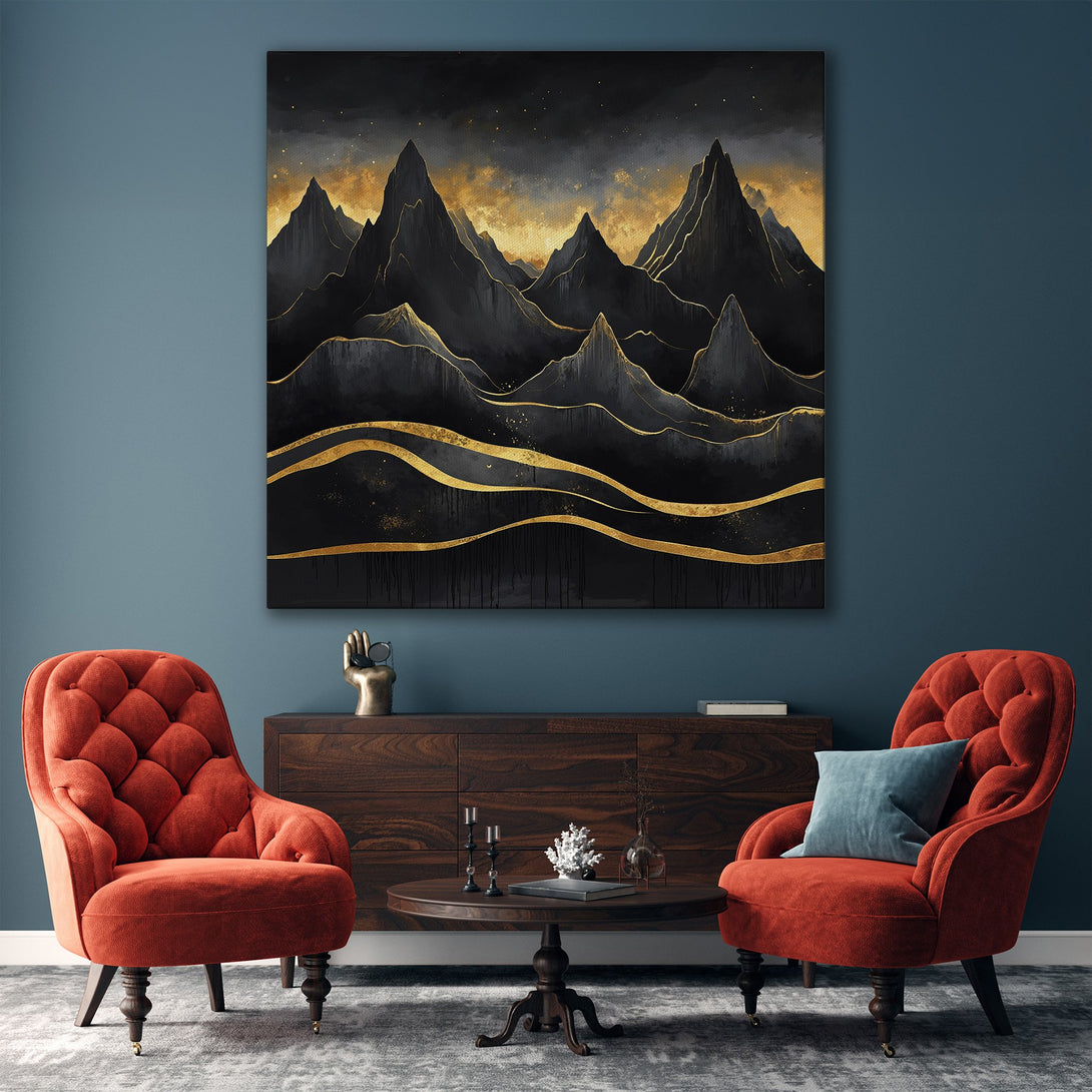 Framed Wall Art: Abstract mountain landscape in black and gold. Modern art print with a luxurious, elegant color palette. Perfect for living room decor.