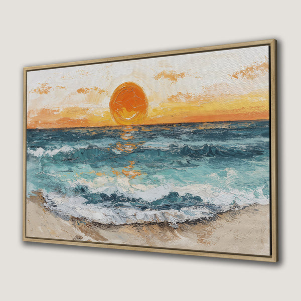 Framed Wall Art: Coastal sunset painting in warm orange and blue hues. Textured canvas print of ocean waves and a setting sun. Perfect wall decor!