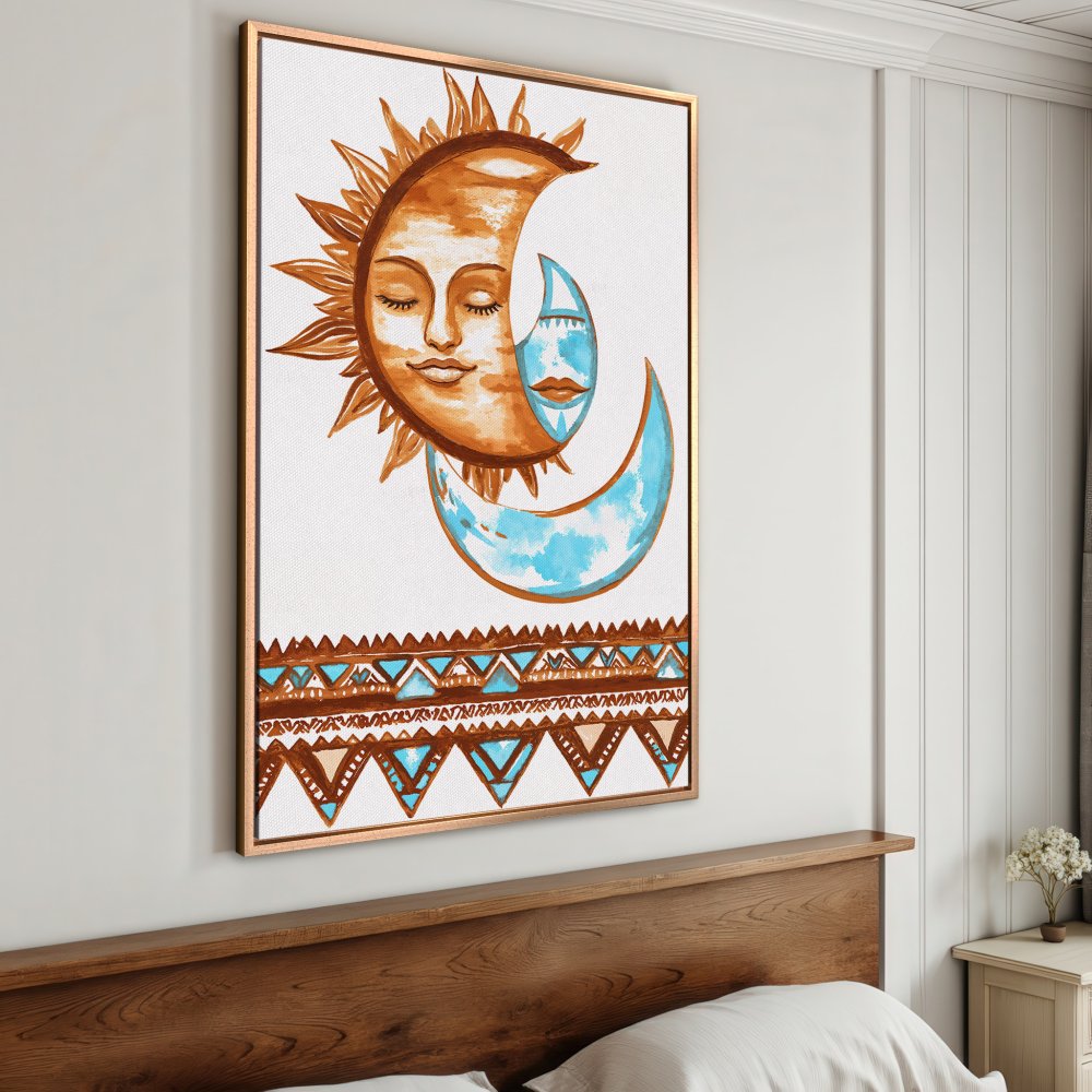 Framed Wall Art: Boho sun and moon watercolor print in warm brown and turquoise hues. Perfect for bedroom decor!