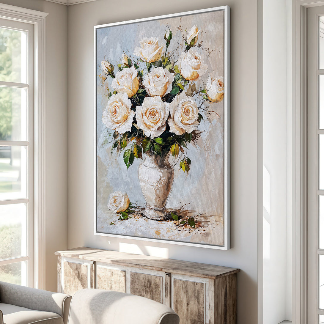 Framed Wall Art featuring a floral still life of white roses in a vase. Soft, neutral color palette perfect for adding elegance to any room.