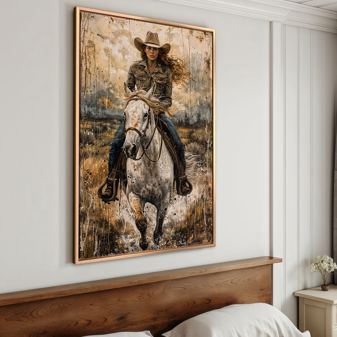 Framed Wall Art: Cowgirl on horseback in abstract style, warm earth tones. Perfect for rustic decor, a statement piece for any room.